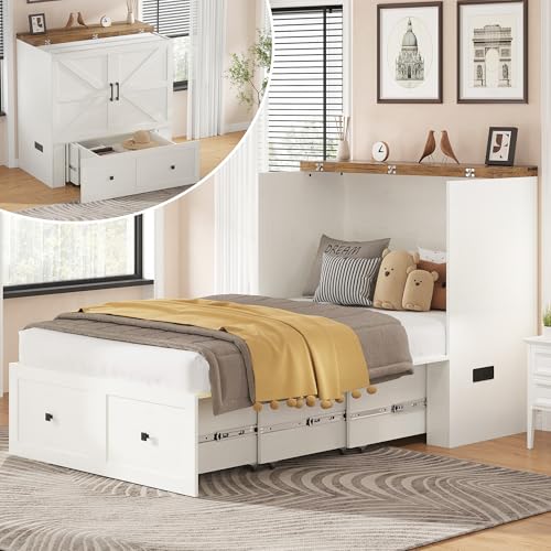 AMERLIFE Twin Murphy Bed Cabinet with Charging Station and Storage Drawer, Farmhouse Foldable Platform Bed for Home Office, Apartment, Small Spaces, Distressed White - color: Distressed White, size: Twin