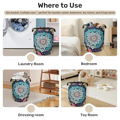 Bohemian Blue Flowers Laundry Basket, Dirty Clothes Basket, Water Resistant Foldable Hamper for Women, Storage Basket for Bedroom, Bathroom, Clothes - color: Bohemian Flowers