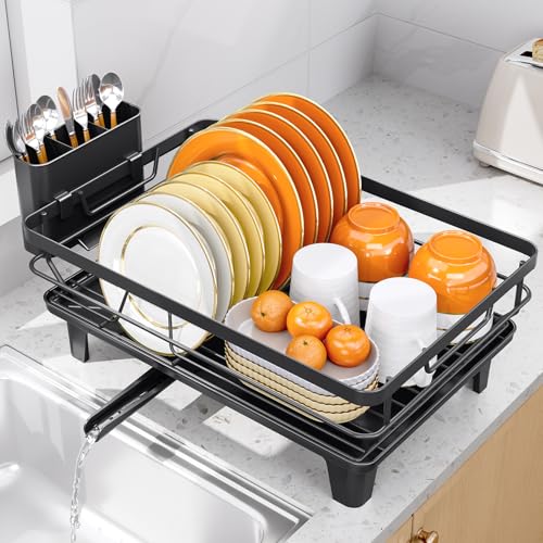 TOOLF Dish Drying Rack, Small Dish Racks for Kitchen Counter, Stainless Steel Sink Organization and Storage Essentials with Cutlery Holder, Dish Drainer, Home and Appartment Decor, Black - color: Black, size: Large