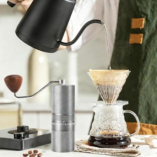 Manual Portable Coffee Grinder with 7 Star Conical Burr, 60 Clicks External Adjustment Full-Metal Coffee Grinder for Coffee Bean Grinder for Espresso, French Press, Travel, Camping, Home & Office Use - color: Silver