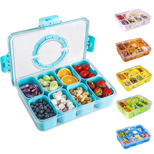 WACOI Divided Snack Serving Tray with Lid and Handle Travel Snackle Charcuterie Container Portable Storage Organizer for Candy, Fruits, Nuts, Snacks, Party, Picnic (1pack, Lake blue) - color: Lake blue, size: 1 Pack-8 Compartments