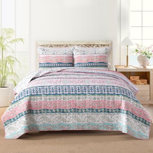 Boho Style King Quilt Set Pink Bohemian Floral Strip Quilt Beddding Set, Soft and Lightweight Bedspread for All Season, Oversize King Bed Coverlet with 2 Matching Pillow Shams (3 Pieces) - color: Pastel Pink, size: King
