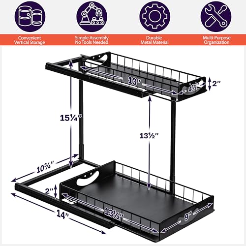ClearSpace Under Sink Organizer, Pull Out Cabinet Organizer, 2 Pack - 2 Tier Slide Out Organizers and Storage Shelf - Metal Sliding Drawer for Kitchen Bathroom Pantry Cabinet Organization Rack, Black