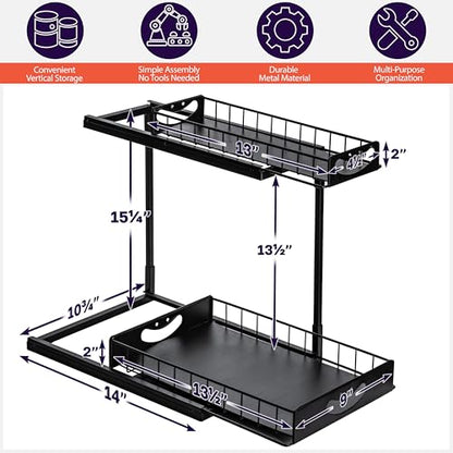 ClearSpace Under Sink Organizer, Pull Out Cabinet Organizer, 2 Pack - 2 Tier Slide Out Organizers and Storage Shelf - Metal Sliding Drawer for Kitchen Bathroom Pantry Cabinet Organization Rack, Black