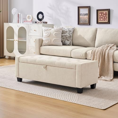 Huatean Home 43" Ottoman with Storage, Storage Ottoman Bench with Safety Hinge, Upholstered Entryway Bench with Seating for Bedroom, Living Room, Holds up to 330 lb, Beige - color: Beige, size: 19.2"D x 43"W x 16.9"H