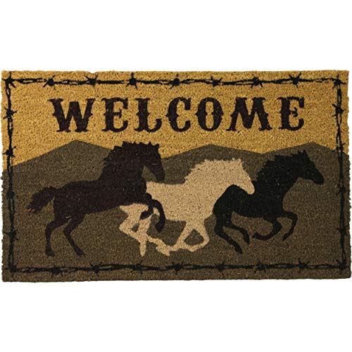 Rivers Edge Products Coconut Coir Door Mat, Welcome Mat with Outdoor Decor and Patio Decor Accent, Three Horses, Mountain Backdrop, PVC Backing, Low Pile, 30 X 18 Inches - color: Welcome Horses