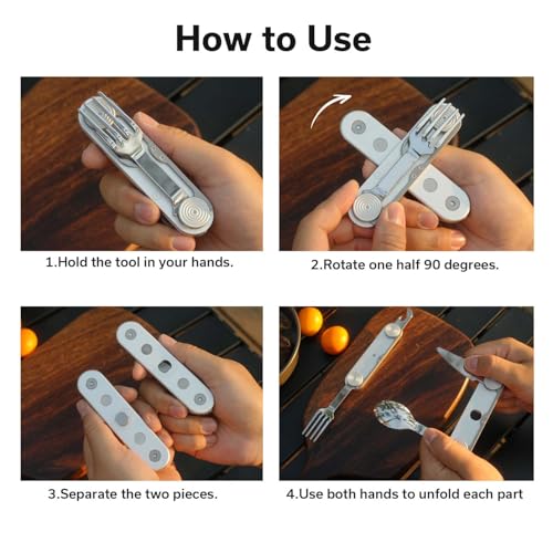 CIVIVI Partake 4-in-1 Camping Utensil, Detachable Stainless Steel Folding Knife, Fork, Spoon & Bottle Opener Multi-Tool, with Waxed Canvas Pouch for Travel Camping Hiking, C24032C-3, Silver - color: Silver