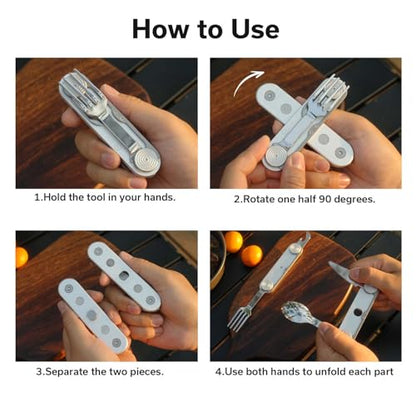 CIVIVI Partake 4-in-1 Camping Utensil, Detachable Stainless Steel Folding Knife, Fork, Spoon & Bottle Opener Multi-Tool, with Waxed Canvas Pouch for Travel Camping Hiking, C24032C-3, Silver - color: Silver