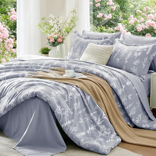 MUXHOMO Light Grey Full Comforter Set, Elegant Floral Print Bed in a Bag 7 Pieces, Ultra Soft & Breathable Reversible Botanical Pattern Bedding Set with Comforter, Sheets, Pillowcases, and Shams - color: Light Grey Leaves, size: Full(82"x86")