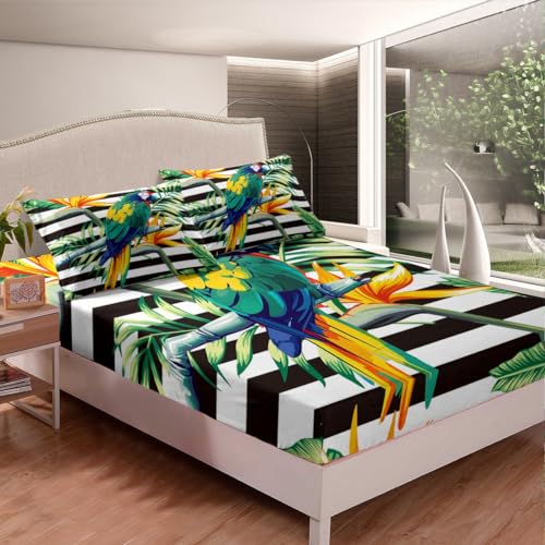 Erosebridal Tropical Tree Fitted Sheet Twin XL,Black White Stripe Bedding Set Green Plant Palm Leaves Bed Cover Bird Parrot Animal Bed Sheet Set,Botanical Yellow Floral Bedding with 1 Pillow Sham - color: Leaf 06, size: TwinXL(39"x80")