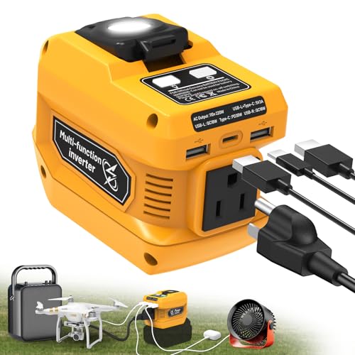 220W Power Inverter Compatible with Dewalt 20V Battery, DC 20V to AC 110V Inverter, Portable Power Station Generator with 1 AC Outlet, 2 USB Ports & 1 Type-C Fast Charging, 400LM LED Work Light - color: Yellow, size: 1-PACK