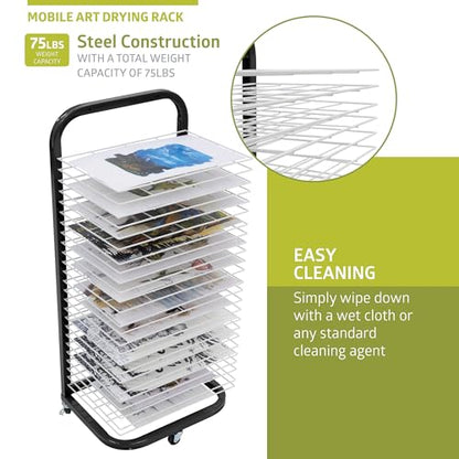 Pearington 25-Shelf Mobile/Wall Mountable Art Drying Rack for Art Studios & Classrooms, 13" D x 17.5" W x 39.4" H, Black/White - color: Black, size: 25 Shelves