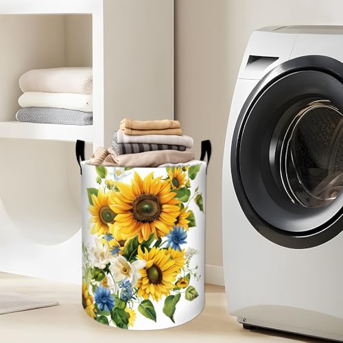 Vibrant Sunflower and Blue Daisy Laundry Basket with Handles, 19.7"x15.7" Clothes Foldable Laundry Hamper Organizer for Dorm Nursery Bedroom Bathroom Decor, Toy Storage Bin for Kids - style: Sunflower32