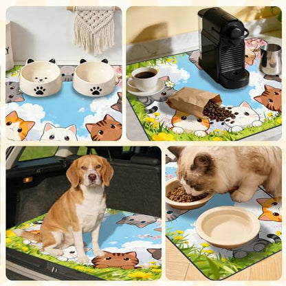 Nuxovilar Pet Food Mat Dog Supplies Adorable Kitty-Patterned Polyester (23.62×17.71 inches) Bowl Water Spill Pad Feeding Essentials for Yard, Living Room, Pet Dining Area - color: LU13714