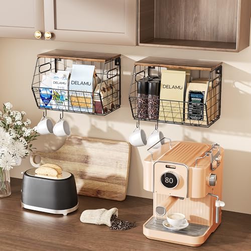 Delamu Stackable Metal Fruit Basket with Wood Lid 2 Pack, Hanging Wall Organizer for Kitchen Counter, Pantry Storage for Onions, Potatoes, Garlic, Fruits, Spices, Black - size: 2 Pack