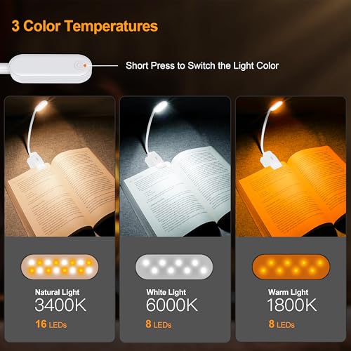 Gritin 16 LED Rechargeable Book Light for Reading in Bed- Eye Caring 3 Color Temperatures, Stepless Dimming Brightness, 80 Hrs Runtime, Lightweight Flexible Clip on Light for Book Lovers-White | Eye Caring 3 Color Temperatures, Stepless Dimming Brightness