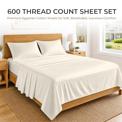SGI bedding 100% Egyptian Cotton Sheets Full XL Size – 600 Thread Count Sheets Set, Soft, Cooling, 15" Deep Pocket, Luxury Hotel Bedding, Breathable, Durable - Butter - color: 05 - Ivory, size: Full XL