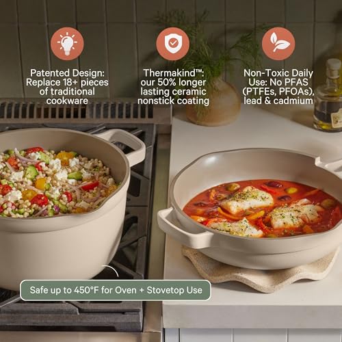 Our Place Cookware Duo | 7-Piece Ceramic Cookware Set with 10.5" Always Pan 2.0, 5.5 Qt Perfect Pot & Strainer Basket | Induction & Oven Safe up to 450°F | Nonstick, Non-Toxic Cookware | Char - color: Char, size: Standard