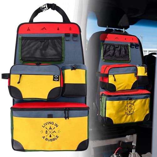 Living in a Bubble Seat back Organizer – Magnetic Toiletry and Cooler Pouch, Cordura Car Backseat Storage with Device Holder & Hooks, Multi-Compartment Utility Bag for Campervans & Family Travel - color: Colorful, size: Seatback Storage