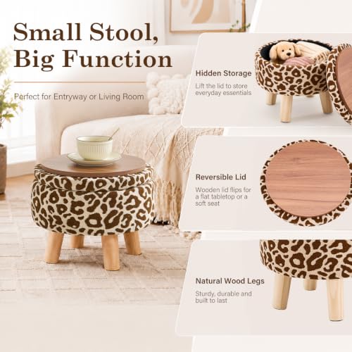 Wimarsbon Storage Ottoman, Modern Round Footrest with Soft Padded Seat, Pattern Velvet Footstool with Wood Legs, Accent Small Table or Plant Stand for Hallway, Living Room (Khaki) - color: Khaki