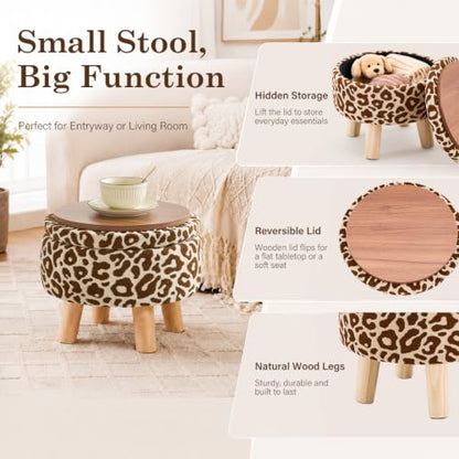 Wimarsbon Storage Ottoman, Modern Round Footrest with Soft Padded Seat, Pattern Velvet Footstool with Wood Legs, Accent Small Table or Plant Stand for Hallway, Living Room (Khaki) - color: Khaki