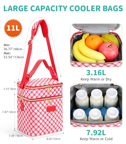 PIIOSER Breastmilk Cooler Bag with Ice Pack, Fits 6 Baby Bottles Up to 9 Oz, Stylish Baby Cooler Travel Bags with Shoulder Strap, Double Deck & Leakproof for Nursing & Working Mom-Red & White Striped - color: Red & White