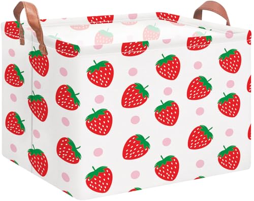 NTAOHAMPER Rectangular Storage Basket with Handles, Cotton Canvas Fabric, Strawberry Pattern, Room Decor, Gift Basket, Book Box - color: Strawberry