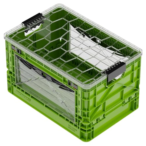 SIDIO Full-Size Collapsible Crate - Heavy Duty Stackable Storage Bin with Lid & 2 Short-Ways Dividers, Durable Plastic Organizer for Home, Office, Garage & Outdoor Use (Slime)