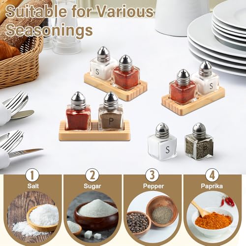 12 Pcs Mini Salt and Pepper Shakers Set with 6 Wood Organizer Sticker 0.5 oz Small Glass Salt and Pepper Shakers Bulk Tiny Individual Salt and Pepper Shakers Cube Spice Jars for Travel Party Camping