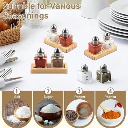 12 Pcs Mini Salt and Pepper Shakers Set with 6 Wood Organizer Sticker 0.5 oz Small Glass Salt and Pepper Shakers Bulk Tiny Individual Salt and Pepper Shakers Cube Spice Jars for Travel Party Camping