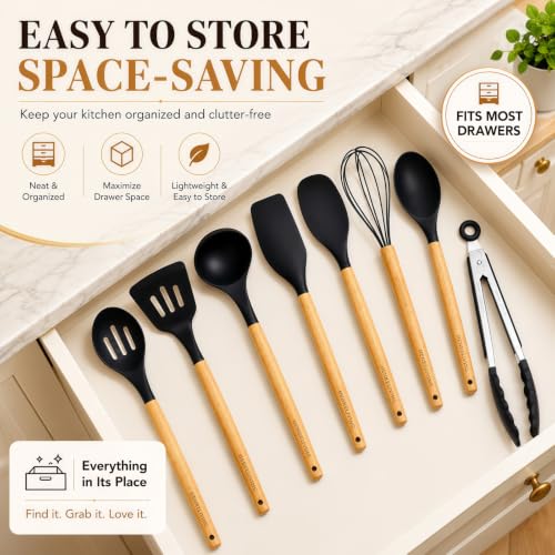Silicone 10 Pcs Kitchen Cooking Utensils Set, Recycled Materials Certification, BPA Free Spatula Set with Heat Resistant Wood Handles for Nonstick Cookware, Black - color: Black