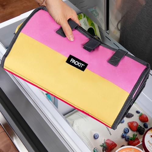 PackIt Freezable Grocery Tote, Pink Stripe, Built with EcoFreeze Technology, Foldable, Collapsible, Reusable, Zip Closure, Dual handles, Great for Transporting Fresh Groceries - color: Pink Stripe