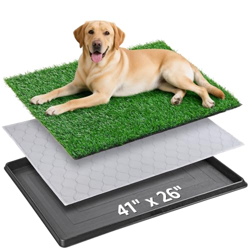 Dog Grass Pad with Tray Large 41''x26'', Portable Dog Litter Box with Artificial Grass Turf Mat & Washable Pee Pad for Puppy Training, Pet Loo Perfect for Indoor/Outdoor Patio Balcony Use - size: 41"x26"（3 Layer Potty System)