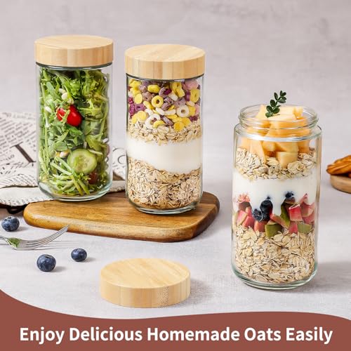 DRKIO 24 Oz Overnight Oats Containers with Bamboo Lids - 4 Pack Glass Storage Jars with Airtight Lids Wide Mouth Mason Food Jars Great for Meal Prep Salad Chia Pudding Snacks Yogurt Sugar Spice - color: 24 Oz - Natural