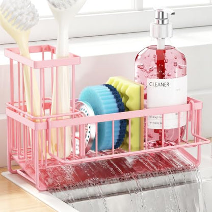 Sponge Holder for Kitchen Sink, Kitchen Sink Caddy, Kitchen Sink Sponge Holder, Dish Sponge Holder, Kitchen Sink Organizer for Sponge, Dish Brush, Scrubber(9.65" x 3.74" x 6.3", Pink) - color: Pink