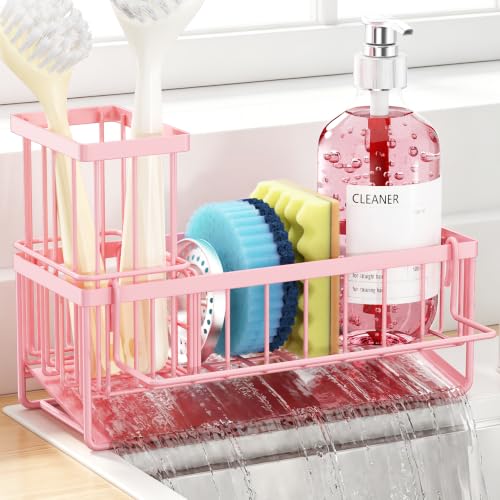 Sponge Holder for Kitchen Sink, Kitchen Sink Caddy, Kitchen Sink Sponge Holder, Dish Sponge Holder, Kitchen Sink Organizer for Sponge, Dish Brush, Scrubber(9.65" x 3.74" x 6.3", Pink) - color: Pink