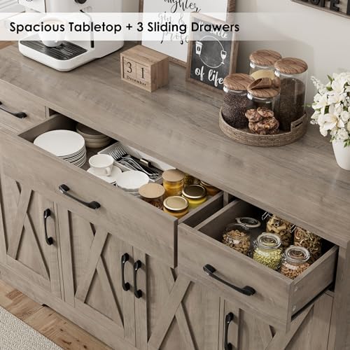 HOSTACK Buffet Sideboard Cabinet with Drawers, 55" Large Buffet Storage Cabinet with Shelves and Doors, Modern Farmhouse Coffee Bar Station for Kitchen, Dining Room, Ash Grey - color: Ash Grey