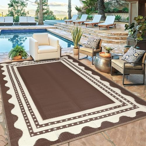 GarveeHome 9'x12'Waterproof Outdoor Rug,Outdoor Plastic Reversible Rug for Camping,RV Mat Outside,Indoor Outdoor Carpet for Porch,Deck, Backyard,Balcony, Picnic,Brown - color: Brown & Beige, size: 9' x 12' (Rectangular)