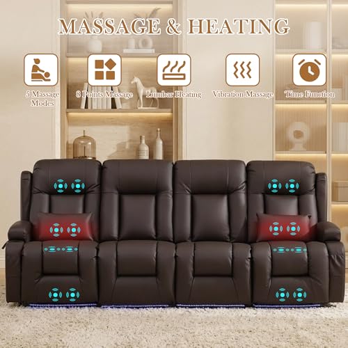 TUNYI Power Loveseat Recliner Sofa with Massage & Heat Home Theater Seating with Console RV Recliner Loveseat Sofa with USB/Storage/Side Pocket/LED Light/Speaker (Brown, 4 Seat) - color: Brown, size: 4 Seat