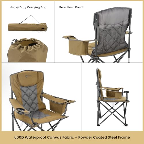 ARROWHEAD OUTDOOR Portable Deluxe Folding Camp Quad Chair w/Headrest, Glass & Cup Holders, Armest 6-can Cooler, Heavy Duty Carry Bag, 550 lbs Weight Capacity - color: Brown