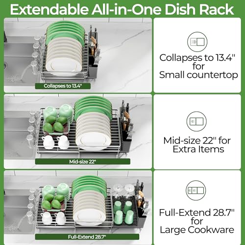 Large Dish Drying Rack, Expandable Dish Rack, Stainless Steel Anti-Rust Dish Racks for Kitchen Counter, Multifunctional Dish Drainer with Utensil Holder & Cup Holder, 13.4"-28.7" L x 11.8" W - color: Silver, size: 1 Tier