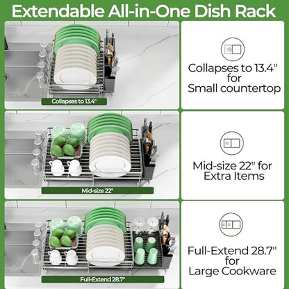 Large Dish Drying Rack, Expandable Dish Rack, Stainless Steel Anti-Rust Dish Racks for Kitchen Counter, Multifunctional Dish Drainer with Utensil Holder & Cup Holder, 13.4"-28.7" L x 11.8" W - color: Silver, size: 1 Tier