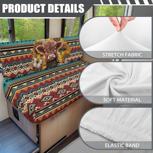 Aztec Print RV Cushion Covers Dinette Booth Seats Sunflower and Highland Cow Camper Cushion Covers Couch Cover 2 Cushion Slipcovers RV Sofa Cover No Arm RV Bench Seat Covers for Dinette - color: Aztec Sunflower Highland Cow