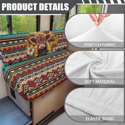 Aztec Print RV Cushion Covers Dinette Booth Seats Sunflower and Highland Cow Camper Cushion Covers Couch Cover 2 Cushion Slipcovers RV Sofa Cover No Arm RV Bench Seat Covers for Dinette - color: Aztec Sunflower Highland Cow