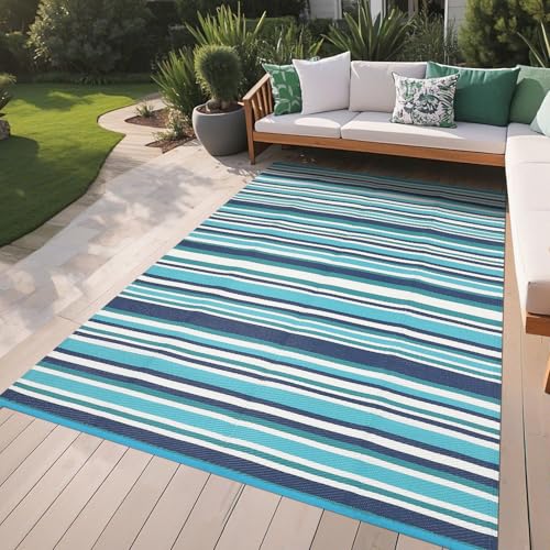 GAOMON 9x12 Large Outdoor Rug Waterproof for Patio Plastic Straw Rug Geometric Stripe Outside Carpet Modern Lines Outdoor Rugs for Deck Trailer Beach, Dark Blue/Bright Blue/Light Blue/White - color: Geometric Stripes| Navy Bright Blue Light Blue White, si