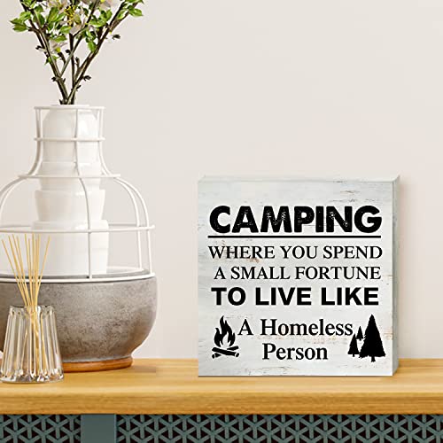 Camping Where You Spend a Small Fortune Wooden Box Sign - 5 x 5 Inch Desk Decor for Travel Trailer Camper - Rustic Wood Block Decor