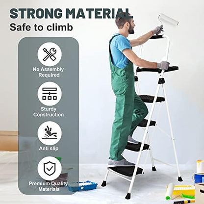 SocTone 4 Step Ladder, Folding Step Stool with Tool Platform, Sturdy& Portable Steel Ladder for Adults, 330LBS Capacity Ladder for Home Kitchen Pantry Office - size: 4-Step