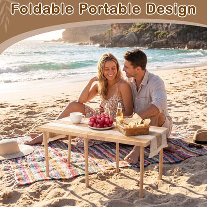 Geelin 36" x 18" Boho Picnic Table for 2 People Low Folding Portable Outdoor with Table Runner, Adjustable Legs, Blanket, and Waterproof Storage Bag for Couples Camping, Beach, BBQ, Backyard