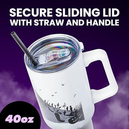 Silver Buffalo Disney Nightmare Before Christmas by Tim Burton Jack Skellington Hill and Moon Double Walled Stainless Steel Tumbler with Handle and Straw, Fits in Standard Cup Holder, 40 Ounces - color: Nightmare Before Christmas Hill and Moon Scene