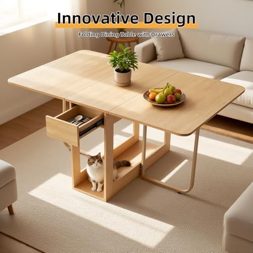 Folding Dining Room Table for 4/6 with 35.4" Extra Wide Space Saving Drop Leaf Table with Lockable Wheels & Storage, Heavy Duty Eco Solid Wood Top 300lb, Convertible Desk for Apartments/RV/Home Office - color: Wood